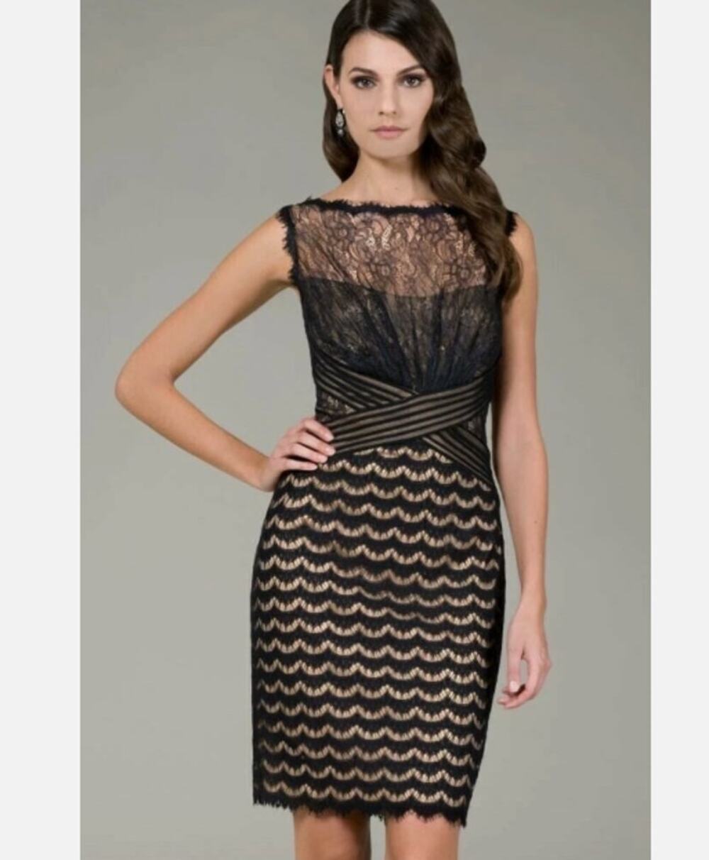 Tadashi Shoji Sz 12 Crisscross Shutter Waist Lace Sheath Dress Black Nude